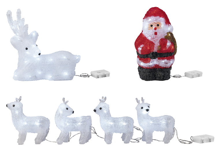 Décorations de Noël LED : un grand renne, le Père Noël et une guirlande de quatre petits rennes.