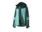 Une veste de ski verte et turquoise avec une capuche.