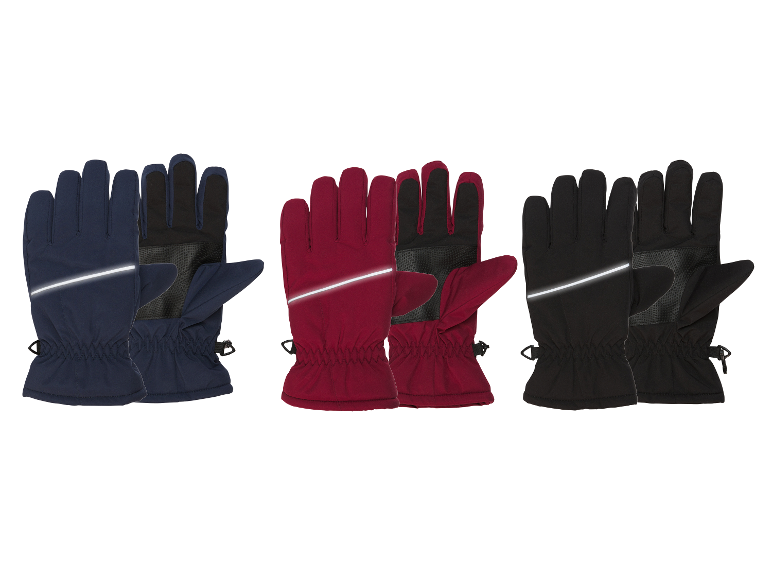 Trois paires de gants d'hiver en bleu, rouge et noir avec des bandes réfléchissantes.