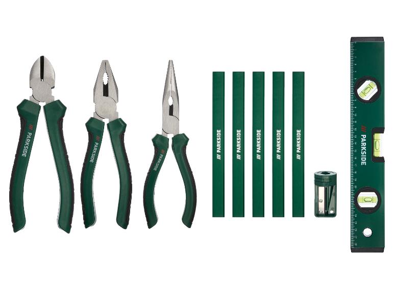 Ensemble d'outils Parkside comprenant des pinces, des crayons de charpentier et un niveau à bulle.