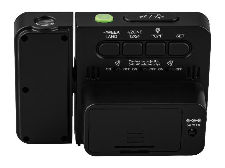 Arrière d'un radio-réveil noir avec projecteur, boutons et entrées d'alimentation.