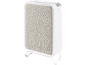 Purificateur d'air blanc avec façade en tissu gris clair et pieds blancs