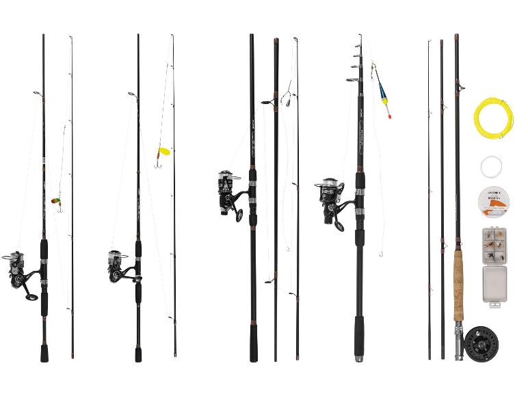 Cannes à pêche avec moulinets, lignes et accessoires comme flotteurs et leurres.