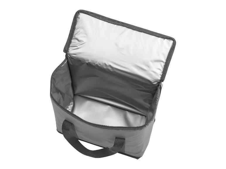 Sac isotherme gris ouvert, idéal pour transporter des aliments ou des boissons.