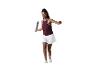 Femme en débardeur bordeaux et jupe blanche, tenant une raquette de padel.