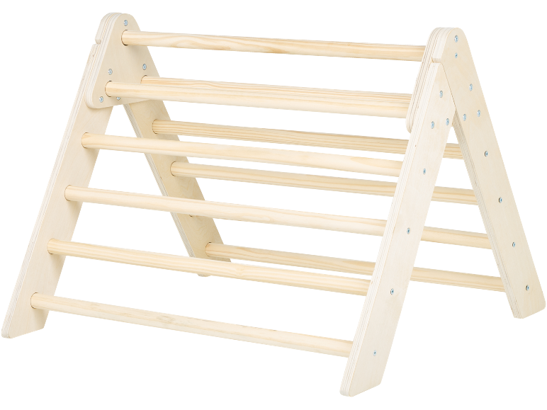 Cadre d'escalade en bois pour enfants, pliable et réglable, avec plusieurs barreaux.