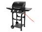 Un barbecue à gaz noir avec deux brûleurs, une table latérale et des roues.