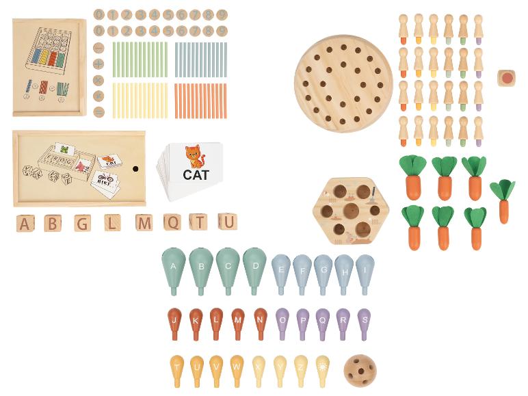 Jouets éducatifs en bois : bâtonnets de comptage, blocs de chiffres et de lettres, trieurs de formes et jeu de carottes.