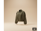 Veste en daim verte avec col et boutons, flottant sur un fond beige.