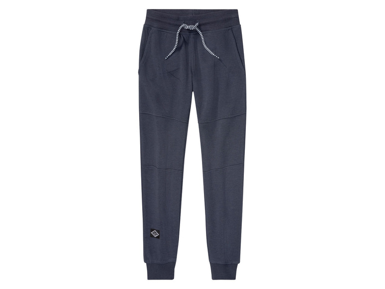 Pantalon de survêtement bleu foncé avec cordon de serrage et étiquette de marque.