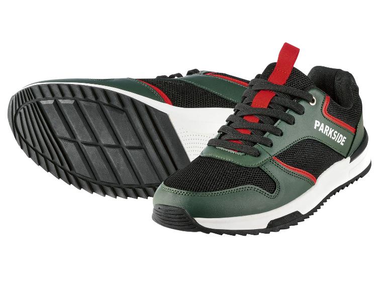 Des baskets Parkside vertes et noires avec des accents rouges.