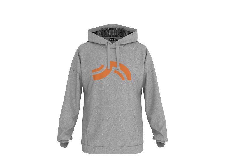 Sweat à capuche gris avec un logo orange sur le devant.