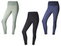 Trois leggings différents : un vert clair, un noir avec un logo rouge et un bleu foncé à motif de feuilles.