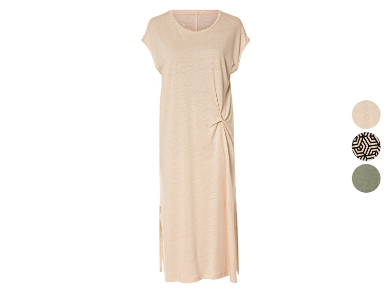 Robe en lin beige avec des manches courtes et des fentes sur les côtés.