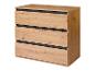 Commode trois tiroirs en bois clair avec détails noirs.