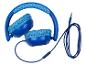 Casque audio bleu avec câble, motif enfantin.