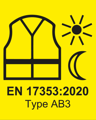 Étiquette EN 17353:2020 Type AB3 avec gilet, soleil et lune.