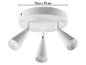 Spot de plafond blanc avec trois lampes coniques réglables, diamètre 18 cm.