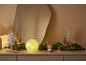 Décorations de Noël festives avec un globe lumineux, de petits sapins et de la verdure sur une commode.