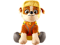 Peluche chien assis avec bonnet jaune et costume orange