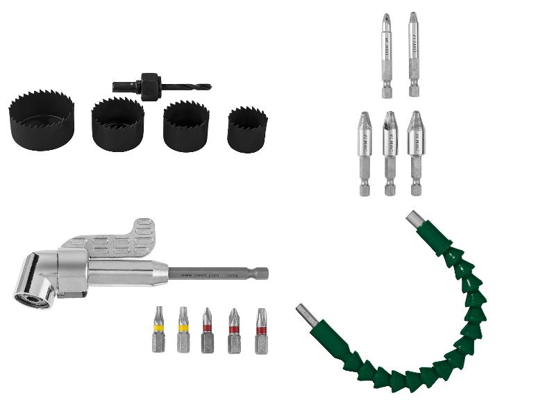 Un ensemble de scies cloches, d'extracteurs de vis, d'un adaptateur de perceuse d'angle et de divers embouts de tournevis.