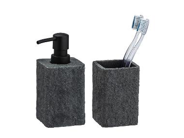 WENKO Distributeur de savon et gobelet brosse à dents Villata, Gris, ensemble de 2 pièces.