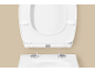 Abattant de toilettes blanc ouvert, montrant les charnières et le mécanisme de fermeture douce.