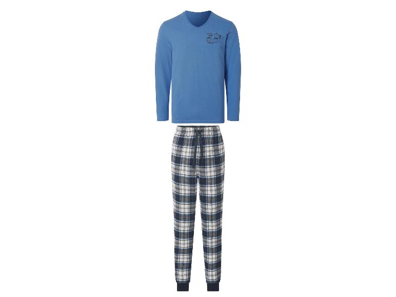 Pyjama homme bleu et à carreaux avec motif 'Coffee Club Everyday'.