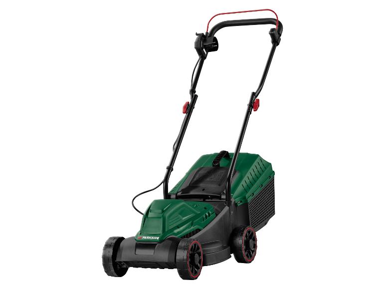 Tondeuse à gazon électrique PARKSIDE verte et noire avec des accents rouges