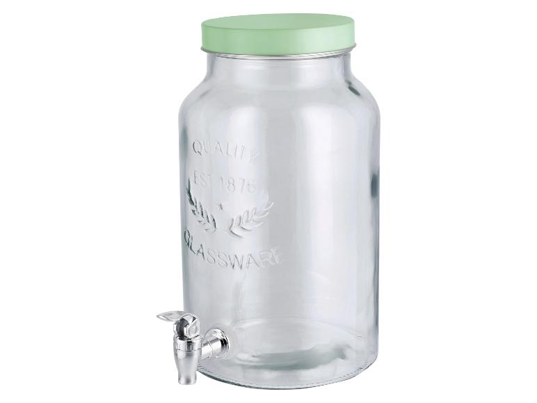 Distributeur de boissons en verre avec couvercle vert et robinet argenté