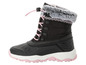 Bottes d'hiver noires avec des détails roses et de la fausse fourrure.
