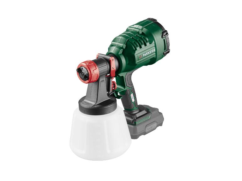 Pistolet à peinture sans fil avec réservoir transparent et batterie.