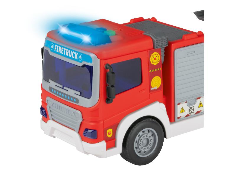 Un camion de pompiers jouet rouge avec des lumières bleues.