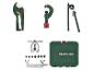 Ensemble d'outils de plomberie comprenant un coupe-tube, une cintreuse, un évasement et un coffret de rangement.