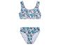 Maillot de bain deux pièces : haut et bas, motif axolotls et vagues.
