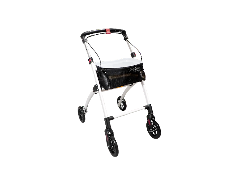 Déambulateur blanc avec panier noir.