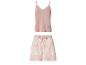 Pyjama femme avec débardeur rose à dentelle et short à motif feuilles.