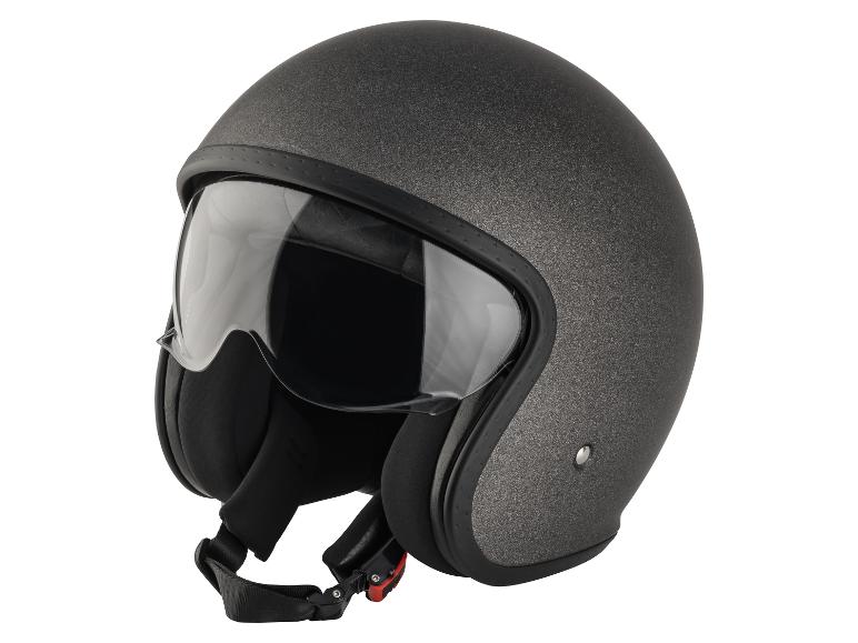 Casque de moto jet gris mat avec visière et fermeture jugulaire