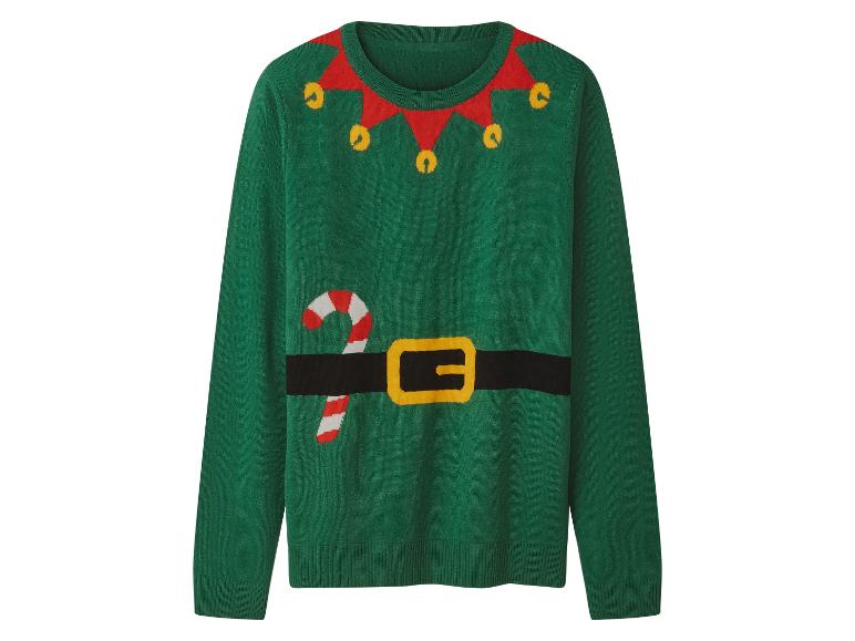 Pull de Noël vert avec motif d'elfe, ceinture et canne à sucre.