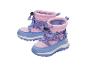 Bottes de neige roses et bleues pour enfants avec lacets violets et motif flocon de neige.