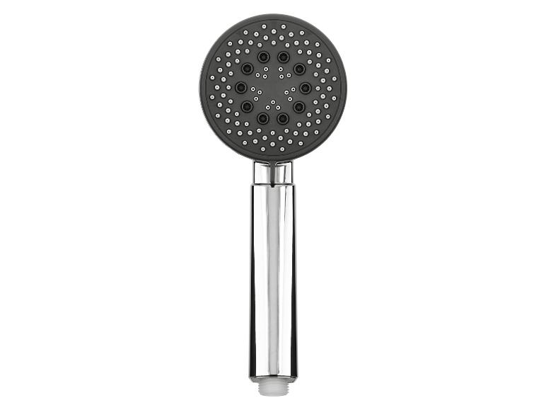 Pommeau de douche noir et chromé avec plusieurs réglages de jet.