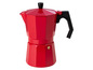 Une cafetière espresso rouge avec une poignée noire.
