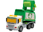 Camion poubelle jouet vert et blanc avec symboles de recyclage et texte 'GARBAGE TRUCK'.