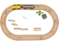 Ensemble de train jouet en bois avec une piste ovale, un train et divers blocs de bois.