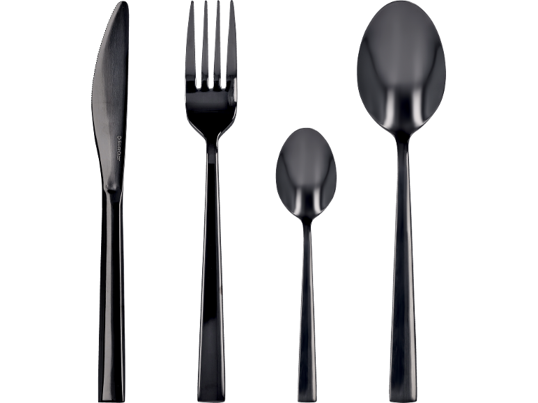 Ménagère noire comprenant un couteau, une fourchette, une petite et une grande cuillère sur fond noir.