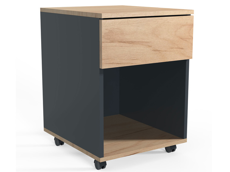 Une armoire gris foncé avec un tiroir et une étagère en bois sur roulettes.
