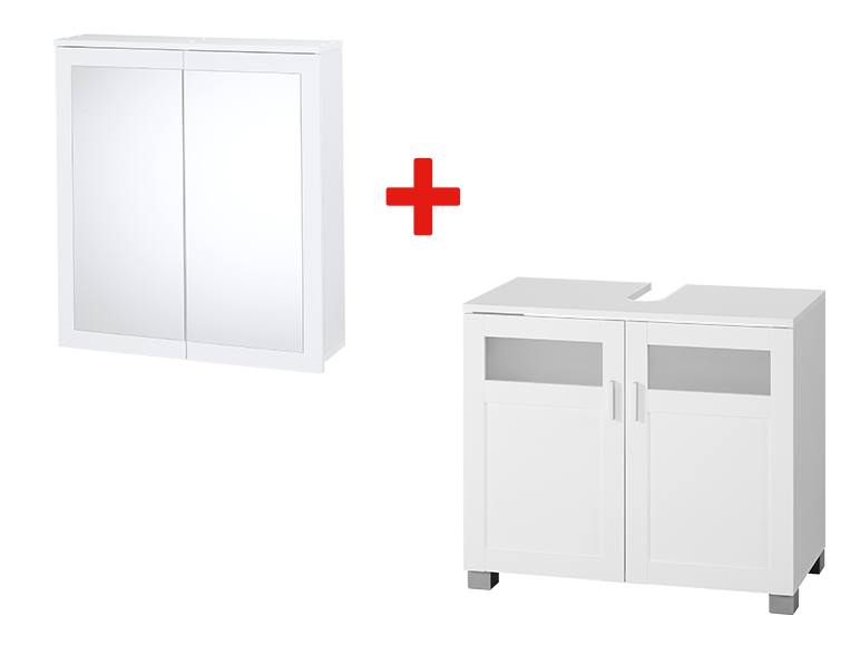 Ensemble de meubles de salle de bain blancs : armoire à miroir et meuble sous-vasque.