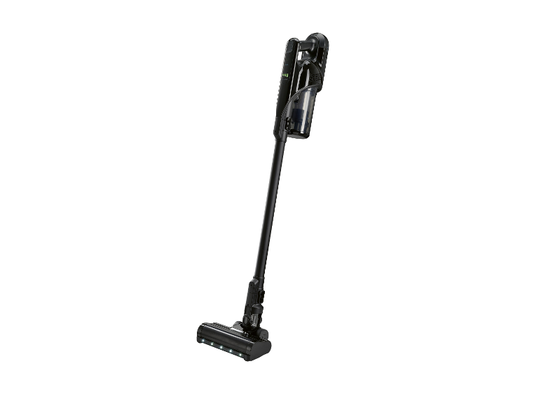 Un aspirateur-balai se tient debout sur un fond blanc.