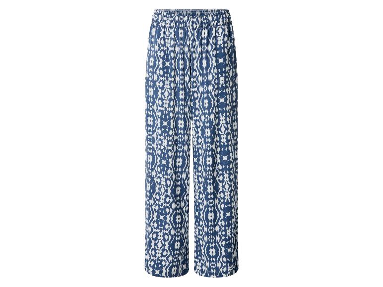 Pantalon bleu et blanc à motif ikat avec taille élastique.