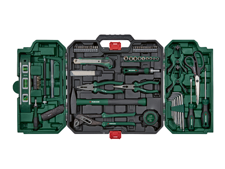 Boîte à outils Parkside avec différents outils.